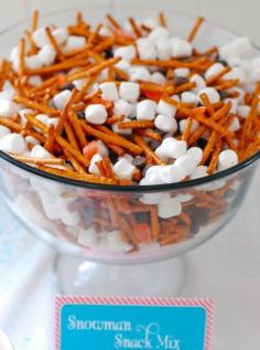 Snowman Snack Mix at a Winter Wonderland Party #snowman #snacks  Corn candy noses, pretzel stick arms, marshmallow bodies, chocolate chip eyes and buttons