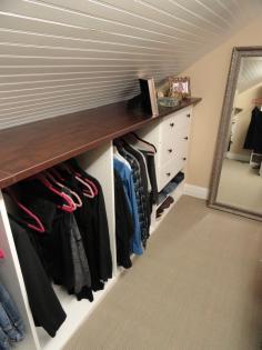 I like this because it gives nice shelf space while also providing a closet build-out. attic closet with shelf