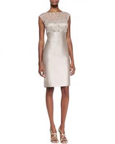 Mother of the Groom/Bride - Kay Unger New York Cap Sleeve Mesh & Sequin Top Cocktail Dress, Champagne