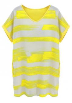 Yellow Patchwork Striped Short Sleeve Loose Chiffon Dress