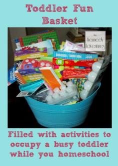 toddler fun basket - filled with ideas and activities to keep your toddler or preschooler busy while you teach! #homeschool #toddler #momtips