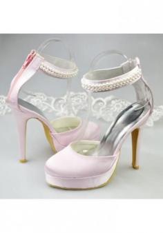 Women's round toe beads decoration hang ankle sides hollow out high heels-platform pink wedding shoes
