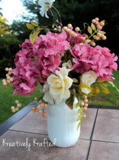 Spring Summer Flowers Mason Jar Floral Arrangement Centerpiece Pink Hydrangeas & Cream Roses ~ Quart Size