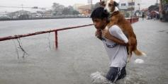 Boy carrying his dog through Philippine floodwaters. LOVE!
