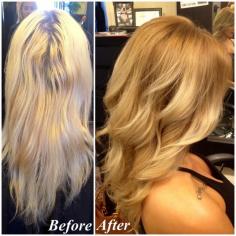 Before and after makeover. Lifeless platinum to rich and dimensional blonde Balayage/ombré. Soft curls and shiny hair! ♥ #Styledbykate at Mecca Salon 916-444-2136 Instagram: @StyledByKate_