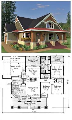House Plan 42618 is a craftsman style design with 3 bedrooms, 2 bathrooms and a bonus area of 288 sq. ft. Total living area is 1866 sq. ft. The master suite has an attractive vaulted tray ceiling, and the master bathroom has two stand-up showers, two vanities and a spa tub. We love the large fireplace separating the flex room and the family room- both of which are conveniently served by the wet bar.