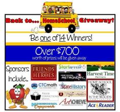 Be 1 of 14 winners in this AWESOME Back to Homeschool Giveaway! **Over $700 worth of prizes are being given away ** Giveaway Dates: August 1st - 7th 2014 To enter...Go to: www.christianhome...