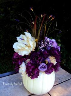 White Cream & Purple Plum Eggplant Pumpkin by KreativelyKrafted Autumn Fall Wedding centerpiece floral arrangement.