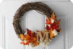 Completed pin #1: fall wreath. This was so much fun, so cheap, and so easy! It cost me less than $20 for the wreath, the leaves, the monogram, the glitter for the monogram, and the fabric. 10/10