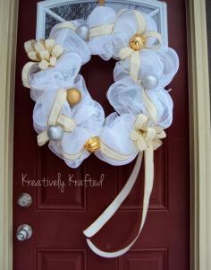 Beautiful Large White Silver & Gold Deco Mesh Christmas Wreath by KreativelyKrafted