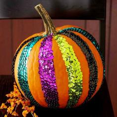 Lots of pumpkin decorating ideas that don't involve carving for Club 6 Pumpkinpalooza: Sequin Striped Pumpkin