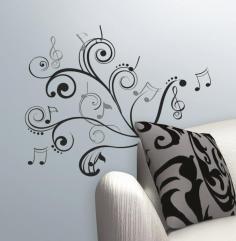 Shop for Wall Decor at The Home Depot. This playful wall decal design combines a graphic black scroll with black and silver music notes to create a wall graphic perfect for all you musicians and music enthusiasts. Application is easy: simply peel each element from the sheet and stick it to your wall or flat surface of choice. Repeat with the next piece until you've applied every sticker. Not happy with the design. Simply peel the pieces away and re-apply them as many times as you need. A great accent piece for living spaces, dorms, or near your favorite musical instrument.
