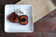 Roasted Maple Balsamic Plums with Honey Basil Greek Yogurt || Heather's Dish