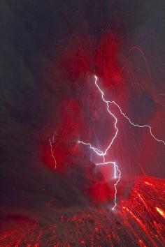 Eruption lightning at Krakatau - Volcanic eruption with lightning forming inside the ash cloud