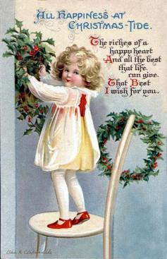 Vintage Christmas Postcard ~ Little girl decorating with holly.