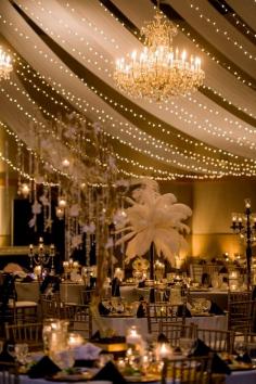 String fairy lights and have beautiful tall ostrich feather centrepieces to give your guests an unmistakeable Old Hollywood feel as soon as they enter your reception room.  #oldhollywoodwedding