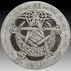 This pentacle, carved with Celtic knotwork as well as traditional Celtic swirl patterns, was known as the Seal of Solomon. As seen in the tarot, it is a symbol of Earth and Prosperity. The pentacle in its upright position represents the Spirit in balance and harmony with the four elements. The inscription around its edge is from "The Charge of the Star Goddess" and reads: "I am the beauty of the green earth and the white moon among the stars.