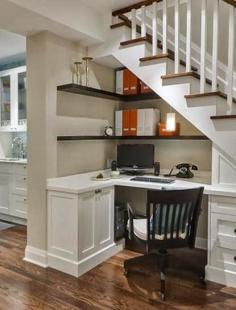 Workstation under stairs. Perfect use of space for a basement remodel or family room!