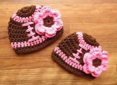 Crocheted Baby Girl Twin Hat Set, Football/Baseball, Sport Theme Hats with Flowers, Twin Girl Baby Gift, Newborn to 24 Months, MADE TO ORDER