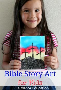 Bible Story Art for Kids including water color crosses and a baby Moses scene.
