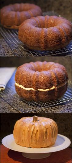 Halloween Pumpkin Shaped Cake  I'd stuff the centre and in between with pumpkin custard first (2 C pumpkin, 1 can condensed milk, pumpkin pie spice to taste, cook on medium heat for 20 min until thick & boiling.)