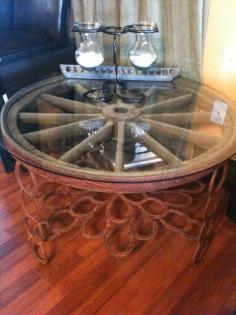 The wagon wheel table and horseshoe vase my hubby made for me :)  My friend Sandy would love this.