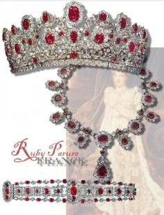 RUBY PARURE OF FRANCE  The Magnificent Ruby and Diamond Necklace from the Crown Jewels of France  Francois-Regnault Nitot, Napoleons`s favorite jeweller, made the ruby and diamond suite, for Empress Marie-Louise in 1810.   The parure comprised a coronet topped by an eagle, tiara, comb, girandole earrings, belt and bracelets, The bracelets have been displayed in the Louvre since 1973 and the tiara is also in Paris, in the private collection of Niarchos.