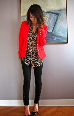 work style. red blazer. leopard blouse. black skinnies. heels.