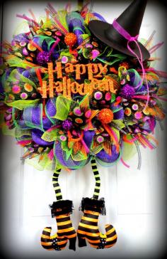 LIMITED Availability - HUGE with BOOTS Wicked Witch Halloween Deco Mesh Wreath - Halloween Decor - Witch Leg and Witch Hat Wreath