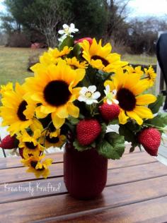 Summer Sunflowers and Strawberries Country Mason Jar Floral Arrangement Centerpiece ~ Pint Size by KreativelyKrafted