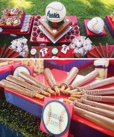Amazing ideas for a little boy's baseball birthday party! I love the baseball cakepops and chocolate covered pretzel baseball bats.