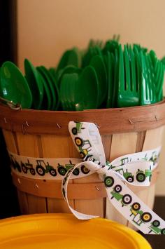 John Deere birthday party - love the ribbon!  This blog post has tons of great ideas for tractor table decorations and activities.
