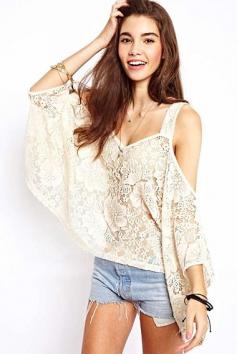 Love Lace! Love the Cut Out Shoulders! Off-Shoulder Half Sleeves Lace Loose Casual T-shirt #Sexy #Lace #Cold_Shoulder #Summer #Fashion