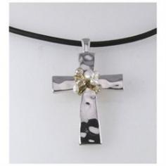 This is a gorgeous Christian Cross and earring set that features a 2 inch hammered Cross finished in a polished silver tone and has a gold wire and faux pearl nest attached. Has a black rubber a8 cord and matching earrings. Comes in a beautiful satin lined gift box with a satin ribbon and bow, no wrapping required.