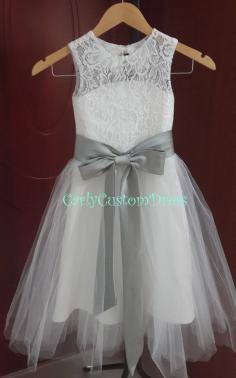 Grey Sash Lace Ivory Flower Girl Dress Wedding Baby Dress 2014