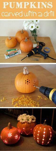 Pumpkins carved with a drill -- love it! Lit up pumpkins doesn't have to be halloweeny!