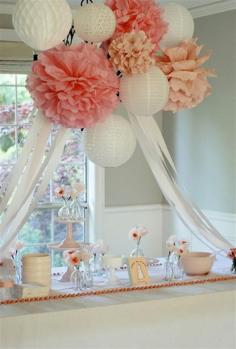 Bing : girl baby shower ideas - the streamers and those lanterns - we could get pink lanterns and hang them above a table like that - pretty