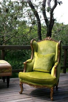 French Victorian wing back tufted chair with a beautiful wood trim and bright green crushed velvet fabric - inspiration from #chinatownefurniture