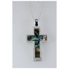 This is a gorgeous Cross necklace made rhodium silver plating and filled with abalone. Wonderful silver detail work. Has a matching 18 inch chain with extender. A absolutely beautiful necklace! Comes in a beautiful satin lined gift box with a satin ribbon and bow, no wrapping required.