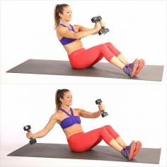 In this variation, the abs work extra to maintain stability as you pull the dumbbell away from your center. Begin sitting with your heels planted about two feet from your butt, holding the weights at chest level with a slight bend in your elbows. Lean back a few inches, pulling your abs toward your spine. Keeping the left arm still, open your right arm to the side, making sure the weight doesn't go beyond your shoulder. Bring your right arm back to center to complete one rep. Complete 10 ...