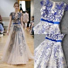 2014 Top Design Fashion Crew Short Sleeve Sheer Back Floor-Length A-Line Tulle with Beautiful Embroidery Evening Dresses Prom Party Gowns