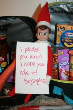 Elf leaves a note reading 'I packed your lunch, I hope you like it! Bojingles