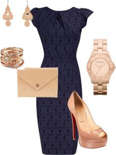 Navy pencil dress, Christian Louboutin shoes, TORY BURCH clutch, Marc by Marc Jacobs Watch