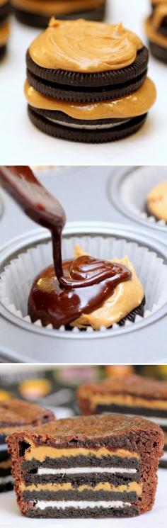 OMG!  Layer in each cupcake cup Oreo cookie, peanut butter 2X and top with brownie or chocolate cake mix. mmmm!