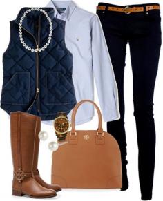 Perfect fall outfit. I have a light blue quilted vest, would be cute with my boots.