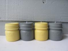 BALL JAR CANDLES- Set of 4 Half Pint Ball Perfect Mason Jar Small Pillar Candles- Yellow and Gray