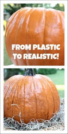 Do your plastic pumpkins look really, really fake? All you need is some antiquing gel, also called antiquing paint from the acrylic paint section. My standby is "burnt umber".    Pour some of the burnt umber paint onto a paper plate. Add a little water and mix. Next, using a brush, add your paint to a small section of your pumpkin. Then take a dry paper towel and rub up and down your pumpkin gently