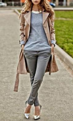 Autumn and winter fashion. Grey pants and jumper, silver pointy heels and beige jacket. CLASSY