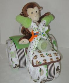 Diaper Cake,Tricycle, Trike, Baby Shower Gift , Jungle, Monkey, Centerpiece, Baby Cakes, Baby Boy via Etsy