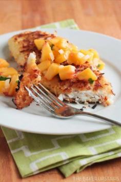 Coconut-crusted tilapia with fresh peach salsa - a quick and easy dinner that's super delicious! www.thebakerupsta...